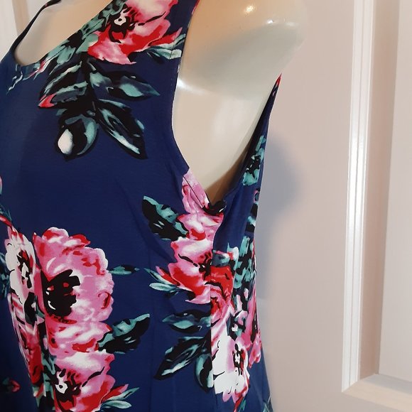 Dark Blue & Floral Print Sleeveless V Neck Tunic Top - Picture 5 of 12